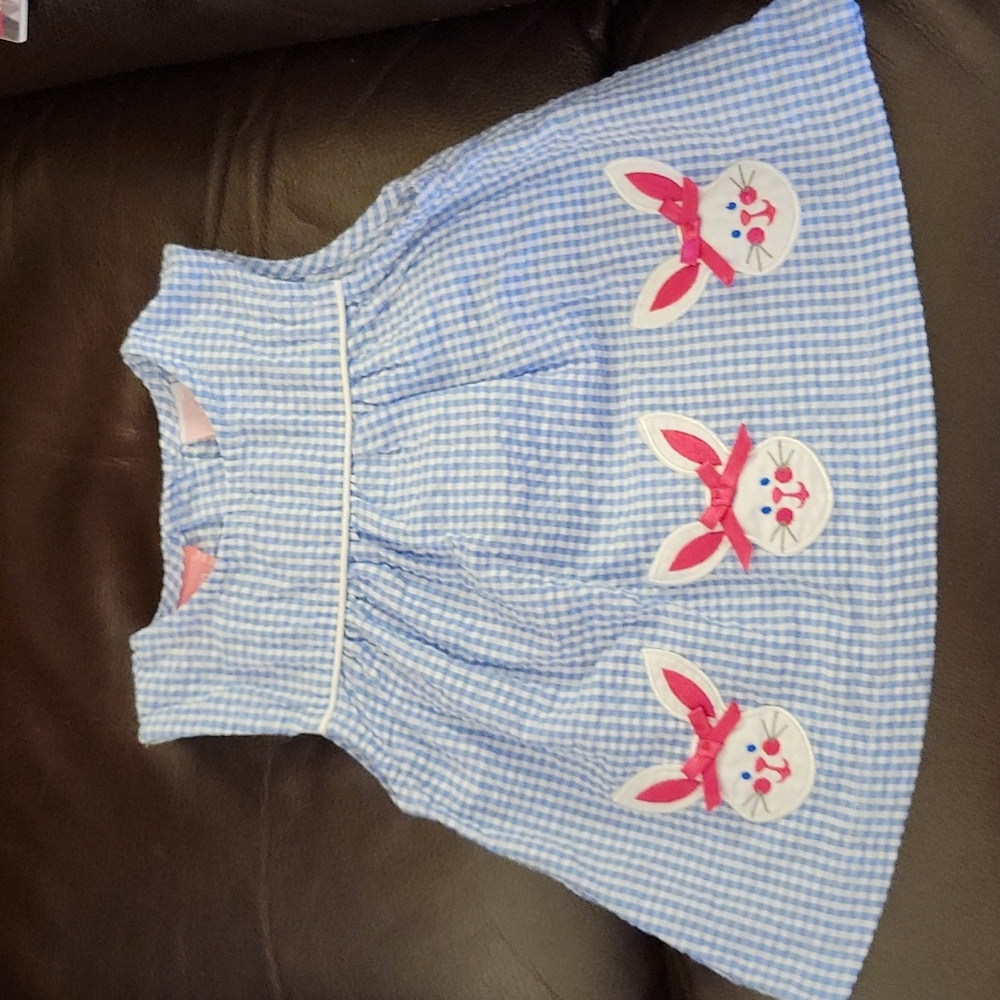 ellemeno blue white seersucker dress embroidered bunny rabbit pink white 6/9m …